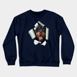 Cartoon Style Rottweiler Dog Poking Its Head Through Ripped Paper Crewneck Sweatshirt